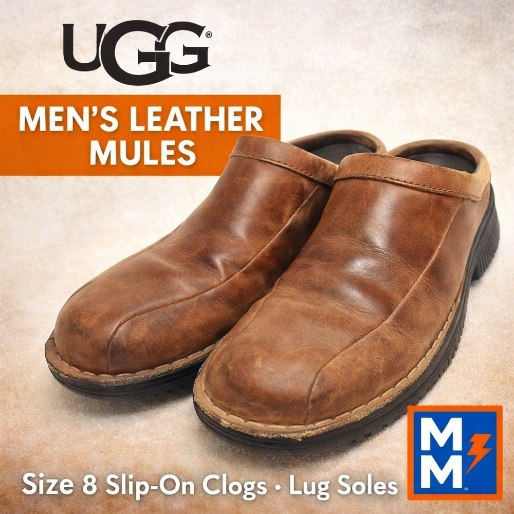 👞 UGG Men’s Brown Leather Slip-On Mules / Clogs – Size 8